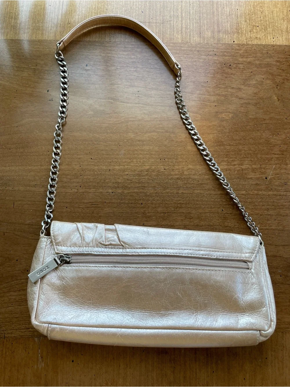 HOBO Cream Champagne Metallic Leather East-West Shoulder Bag with Chain Strap